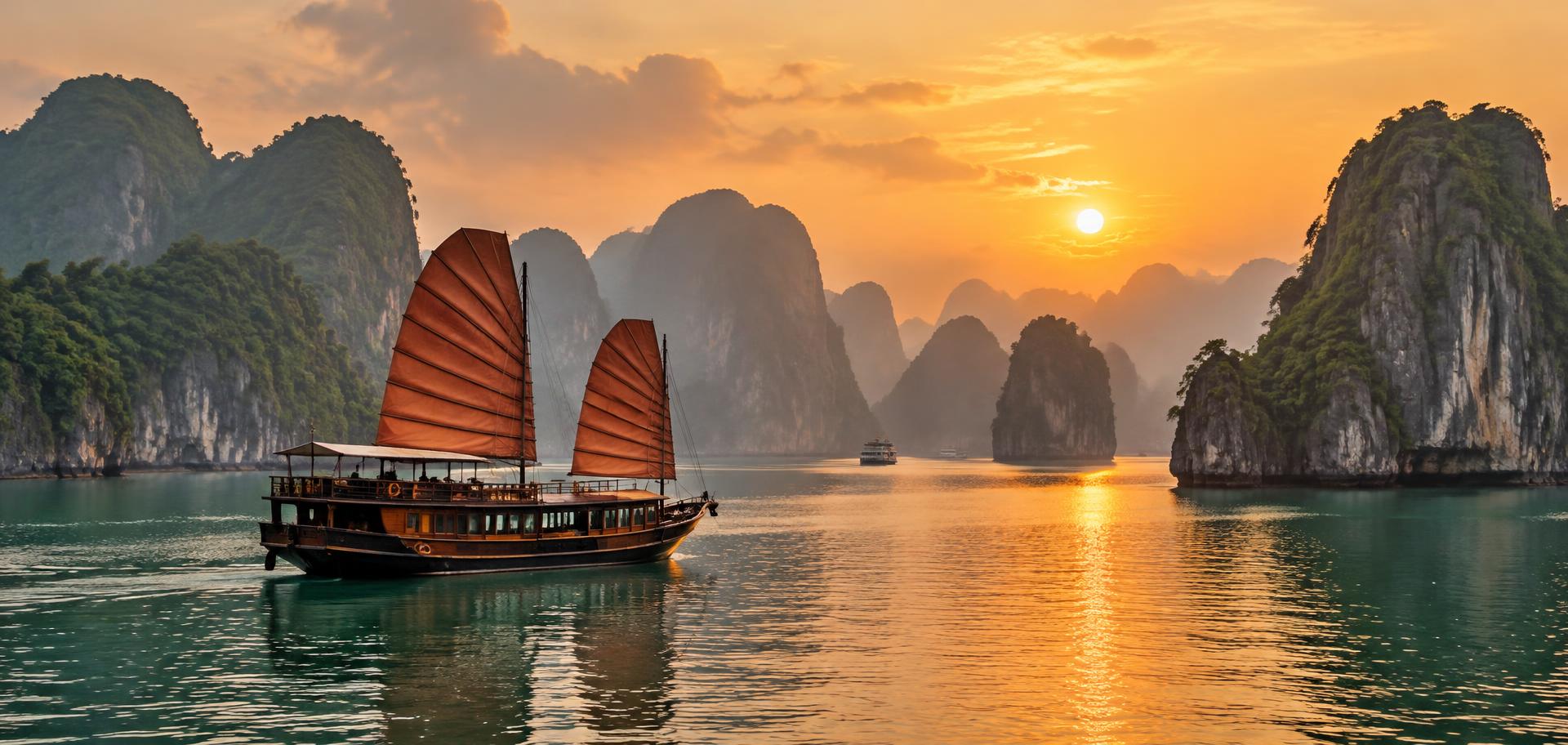 Junk boat sailing through Ha Long Bay at sunset